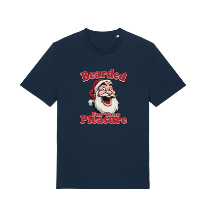 navy christmas t-shirt with the graphic of santa and the slogan 'bearded for your pleasure'