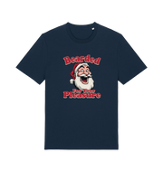 navy christmas t-shirt with the graphic of santa and the slogan 'bearded for your pleasure'