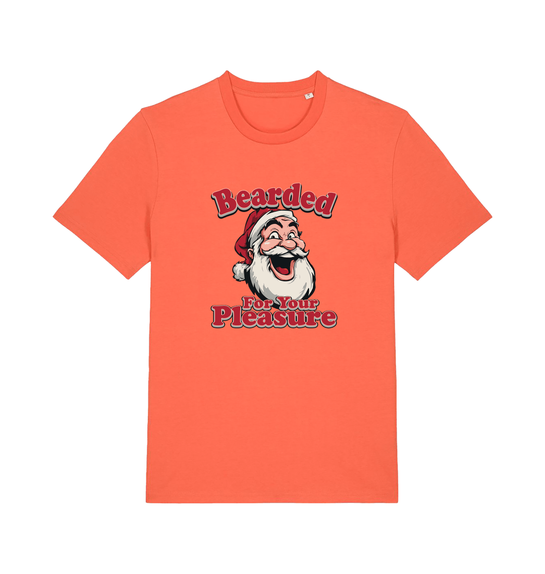orange christmas t-shirt with the graphic of santa and the slogan 'bearded for your pleasure'
