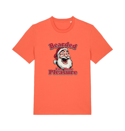 orange christmas t-shirt with the graphic of santa and the slogan 'bearded for your pleasure'