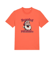 orange christmas t-shirt with the graphic of santa and the slogan 'bearded for your pleasure'