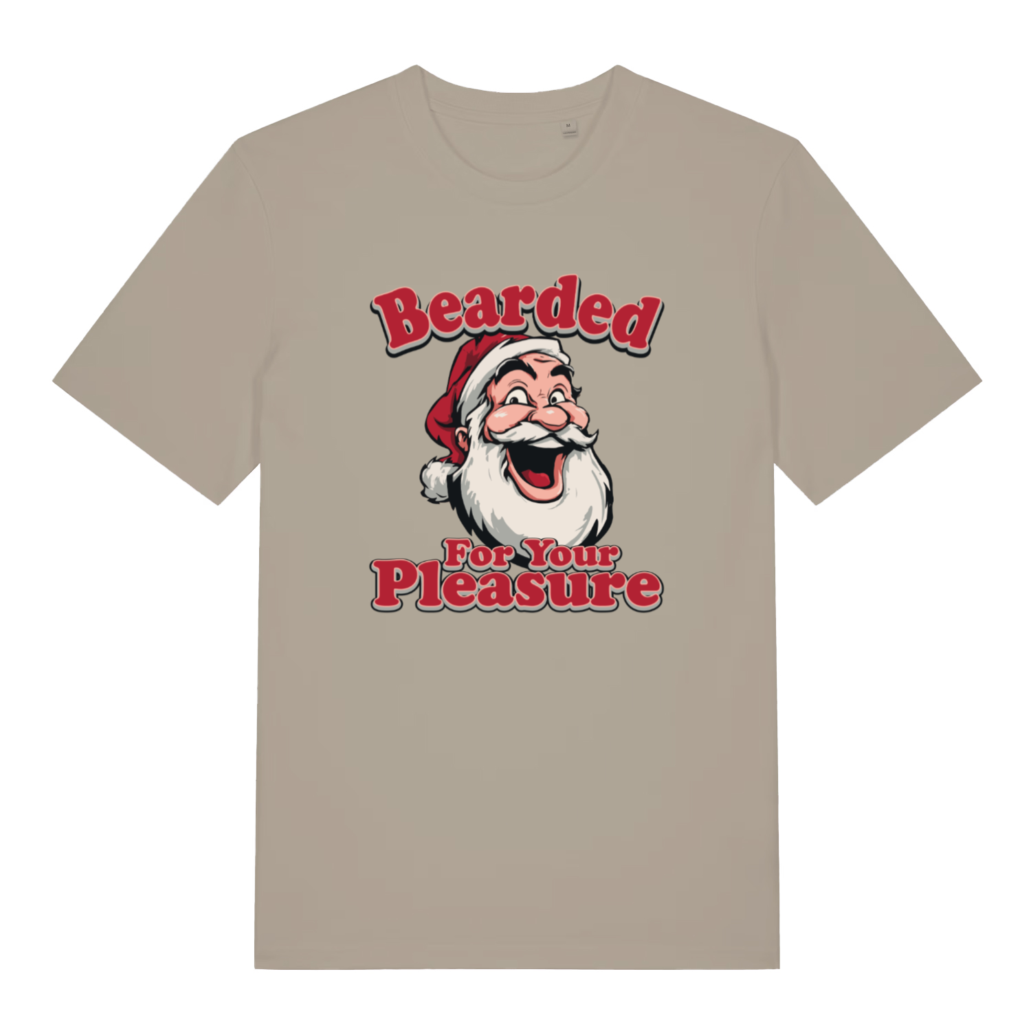 stone christmas t-shirt with the graphic of santa and the slogan 'bearded for your pleasure'