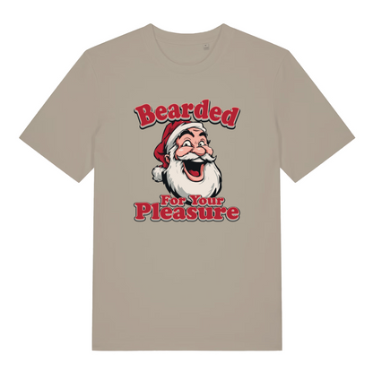 stone christmas t-shirt with the graphic of santa and the slogan 'bearded for your pleasure'