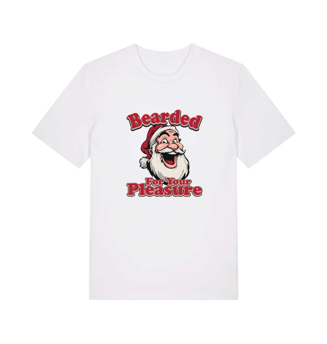 white christmas t-shirt with the graphic of santa and the slogan 'bearded for your pleasure'