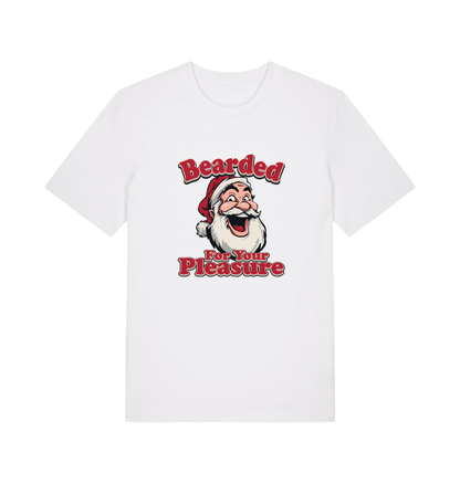 white christmas t-shirt with the graphic of santa and the slogan 'bearded for your pleasure'