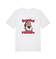 white christmas t-shirt with the graphic of santa and the slogan 'bearded for your pleasure'