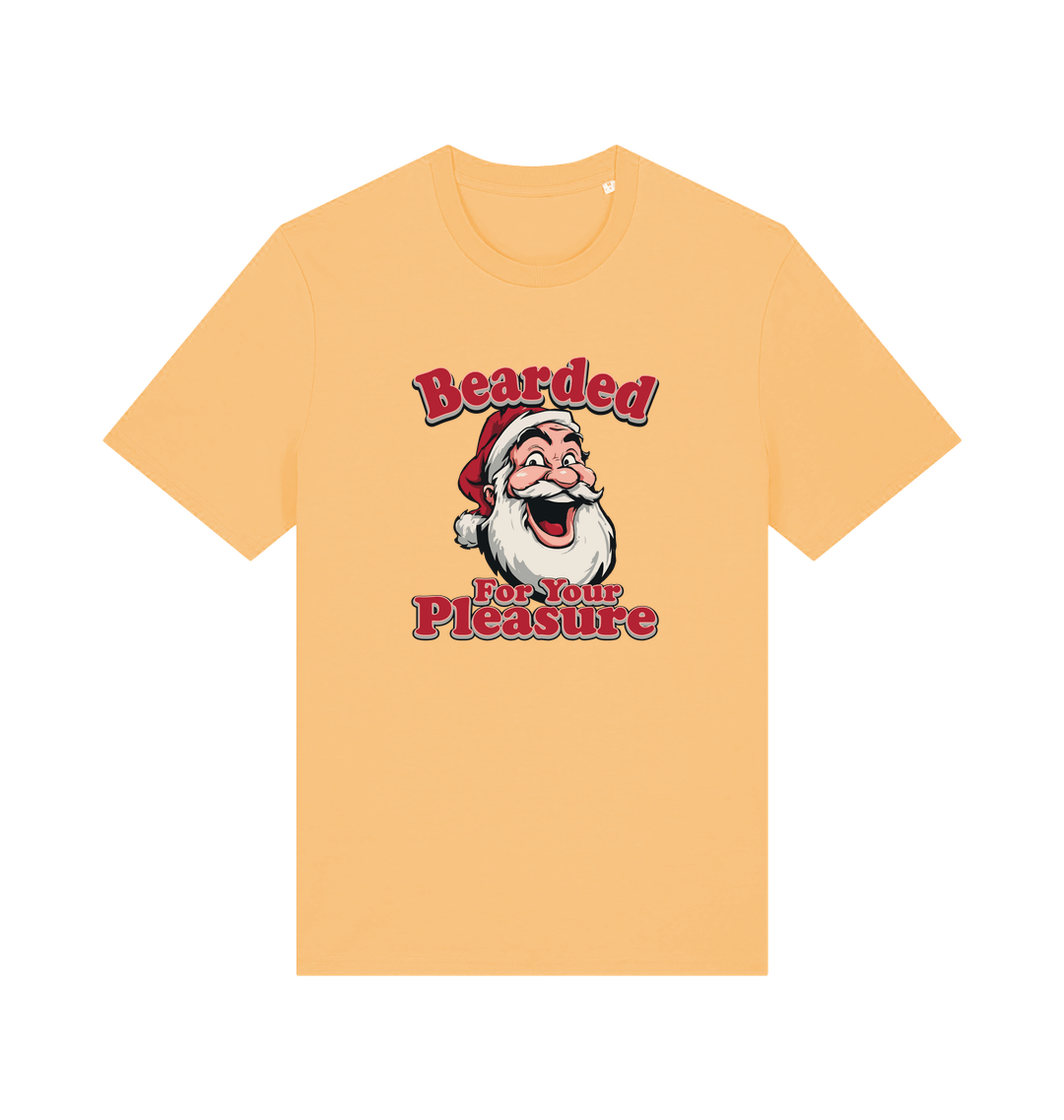 yellow christmas t-shirt with the graphic of santa and the slogan 'bearded for your pleasure'