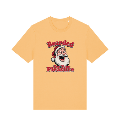 yellow christmas t-shirt with the graphic of santa and the slogan 'bearded for your pleasure'