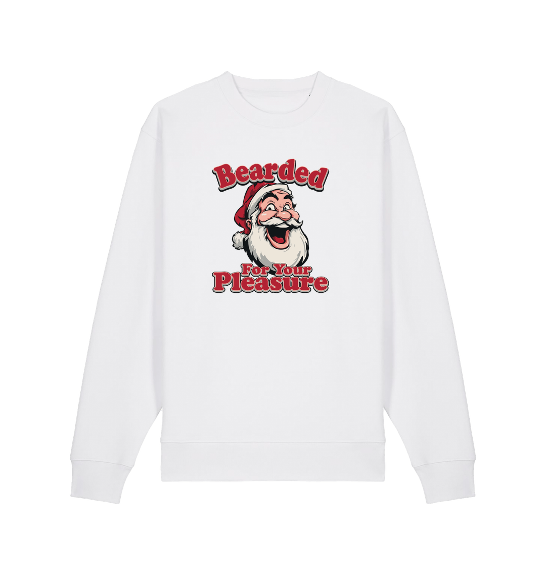 white christmas sweater with the graphic of santa and the slogan 'bearded for your pleasure'
