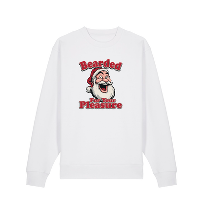 white christmas sweater with the graphic of santa and the slogan 'bearded for your pleasure'