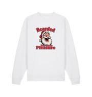 white christmas sweater with the graphic of santa and the slogan 'bearded for your pleasure'