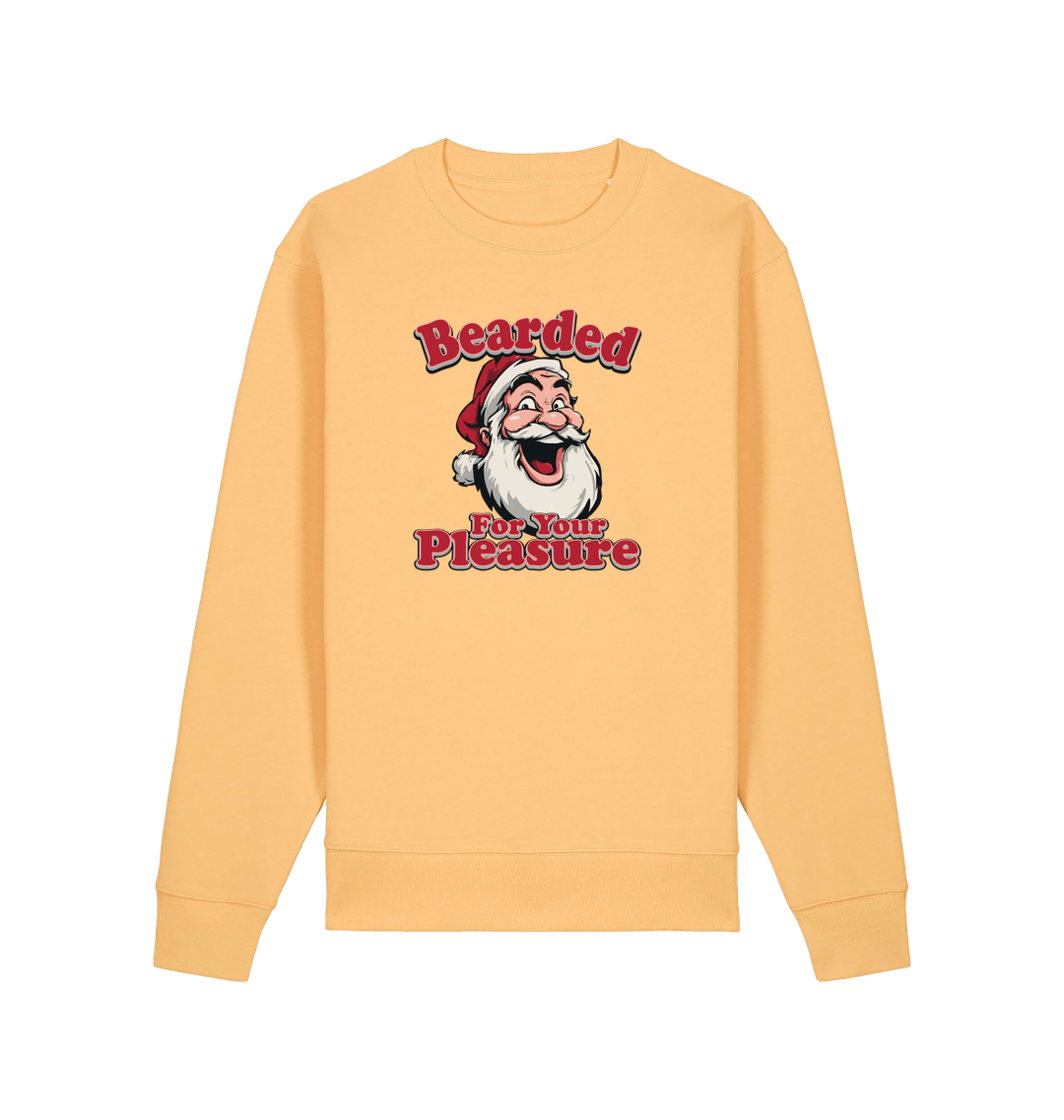 yellow christmas sweater with the graphic of santa and the slogan 'bearded for your pleasure'