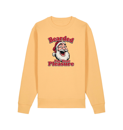 yellow christmas sweater with the graphic of santa and the slogan 'bearded for your pleasure'
