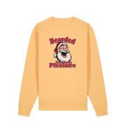 yellow christmas sweater with the graphic of santa and the slogan 'bearded for your pleasure'