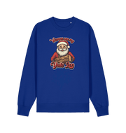 blue christmas sweater with the graphic of santa holding a log and the slogan 'wanna see my yule log'