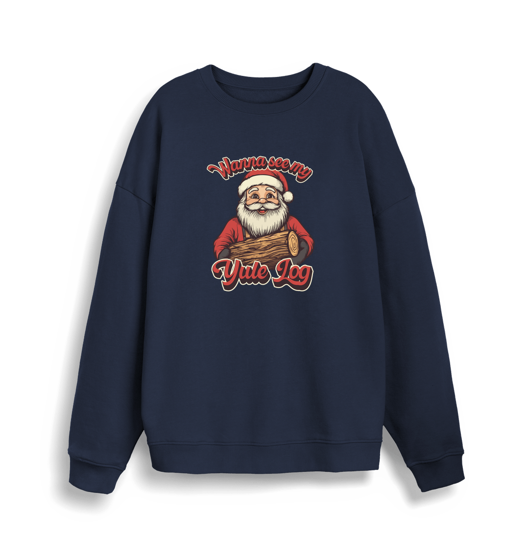 navy christmas sweater with the graphic of santa holding a log and the slogan 'wanna see my yule log'