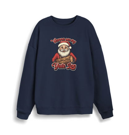 navy christmas sweater with the graphic of santa holding a log and the slogan 'wanna see my yule log'