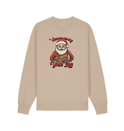 sand christmas sweater with the graphic of santa holding a log and the slogan 'wanna see my yule log'