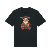 black christmas t-shirt with the graphic of santa holding a log and the slogan 'wanna see my yule log'