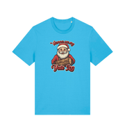 blue christmas t-shirt with the graphic of santa holding a log and the slogan 'wanna see my yule log'