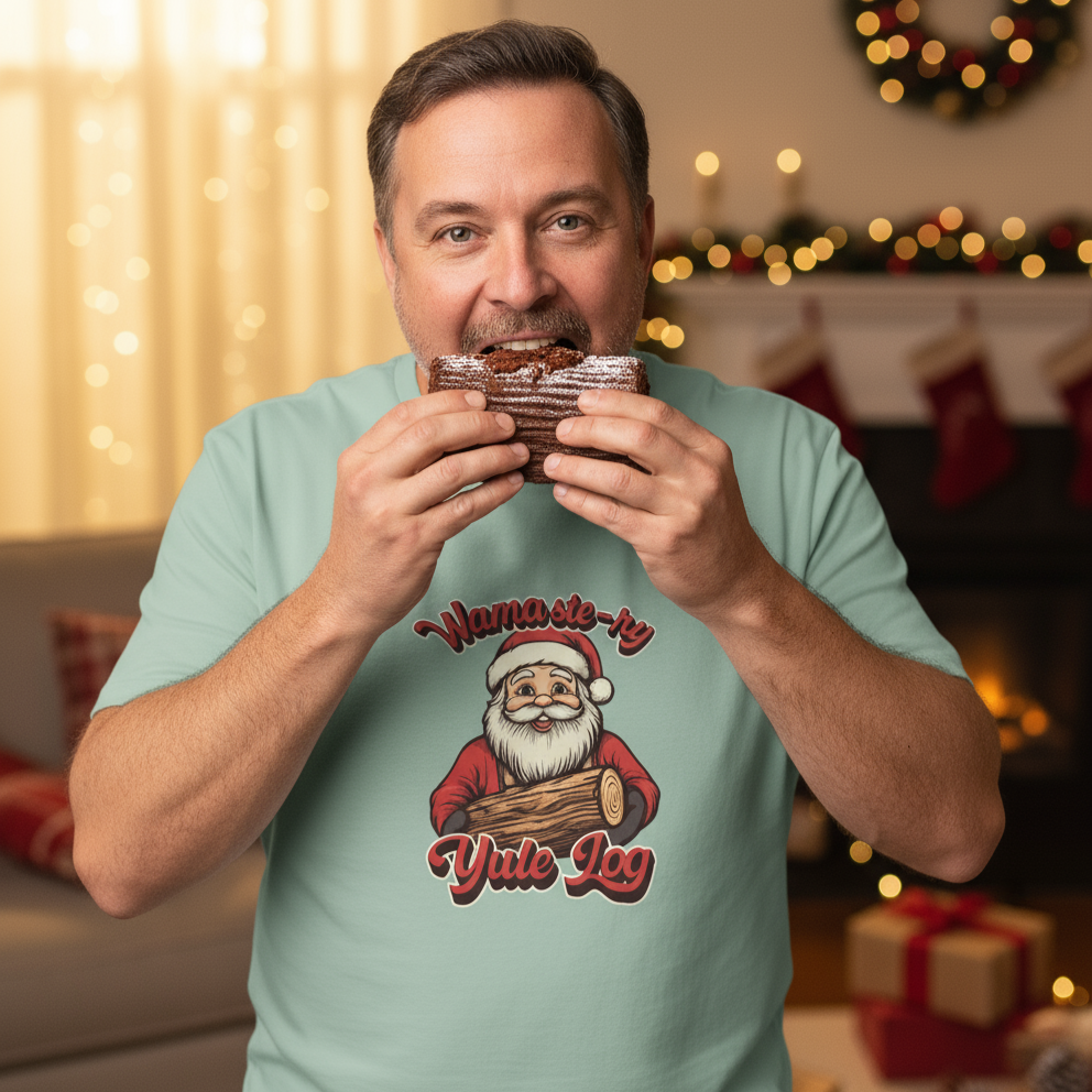 Man eating a brownie wearing a t-shirt with a Santa Claus graphic in a festive setting.