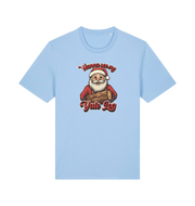 light blue christmas t-shirt with the graphic of santa holding a log and the slogan 'wanna see my yule log'
