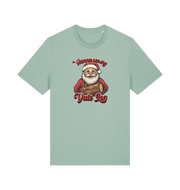 mint green christmas t-shirt with the graphic of santa holding a log and the slogan 'wanna see my yule log'
