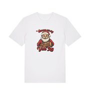 white christmas t-shirt with the graphic of santa holding a log and the slogan 'wanna see my yule log'