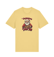 yellow christmas t-shirt with the graphic of santa holding a log and the slogan 'wanna see my yule log'
