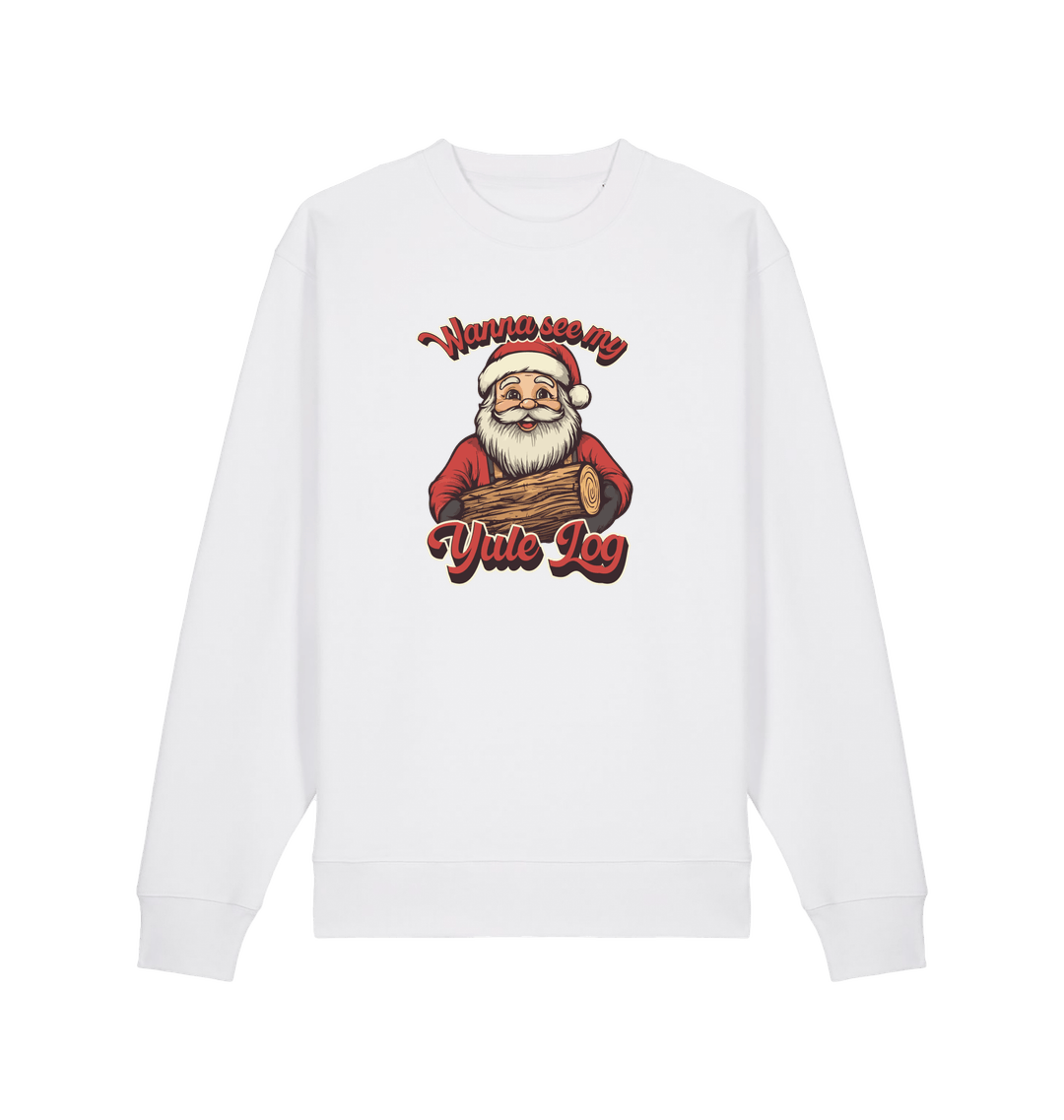white christmas sweater with the graphic of santa holding a log and the slogan 'wanna see my yule log'