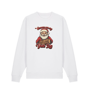 white christmas sweater with the graphic of santa holding a log and the slogan 'wanna see my yule log'