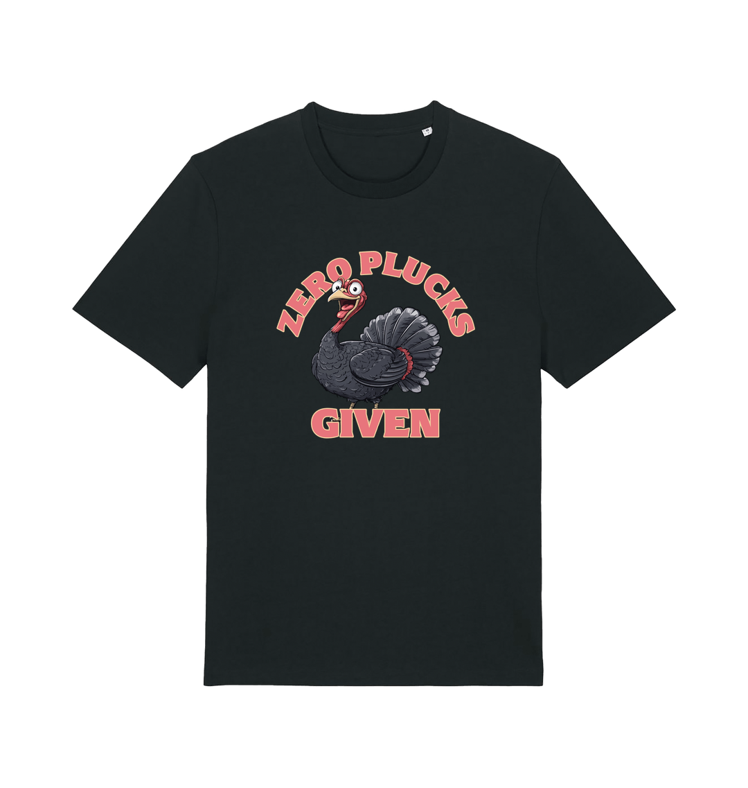 black funny animal t-shirt with the graphic of a turley and the slogan 'zero plucks given'