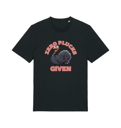 black funny animal t-shirt with the graphic of a turley and the slogan 'zero plucks given'
