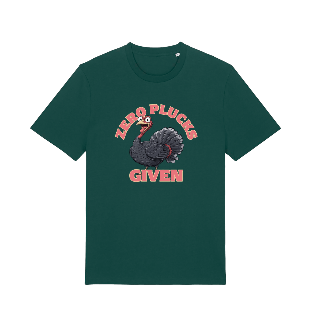 green funny animal t-shirt with the graphic of a turley and the slogan 'zero plucks given'