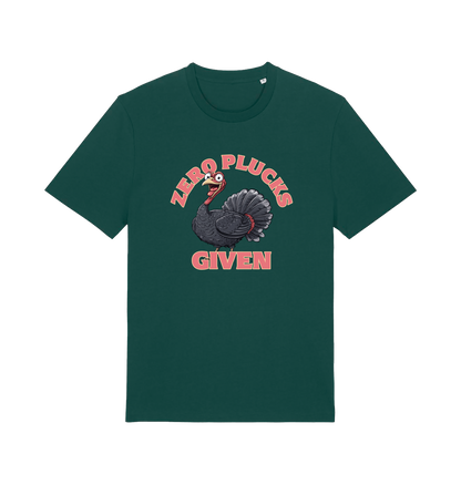 green funny animal t-shirt with the graphic of a turley and the slogan 'zero plucks given'