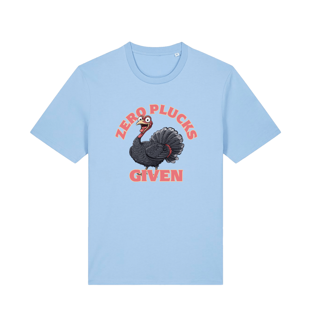 light blue funny animal t-shirt with the graphic of a turley and the slogan 'zero plucks given'