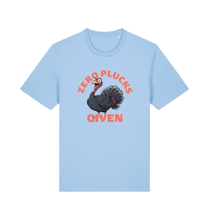 light blue funny animal t-shirt with the graphic of a turley and the slogan 'zero plucks given'