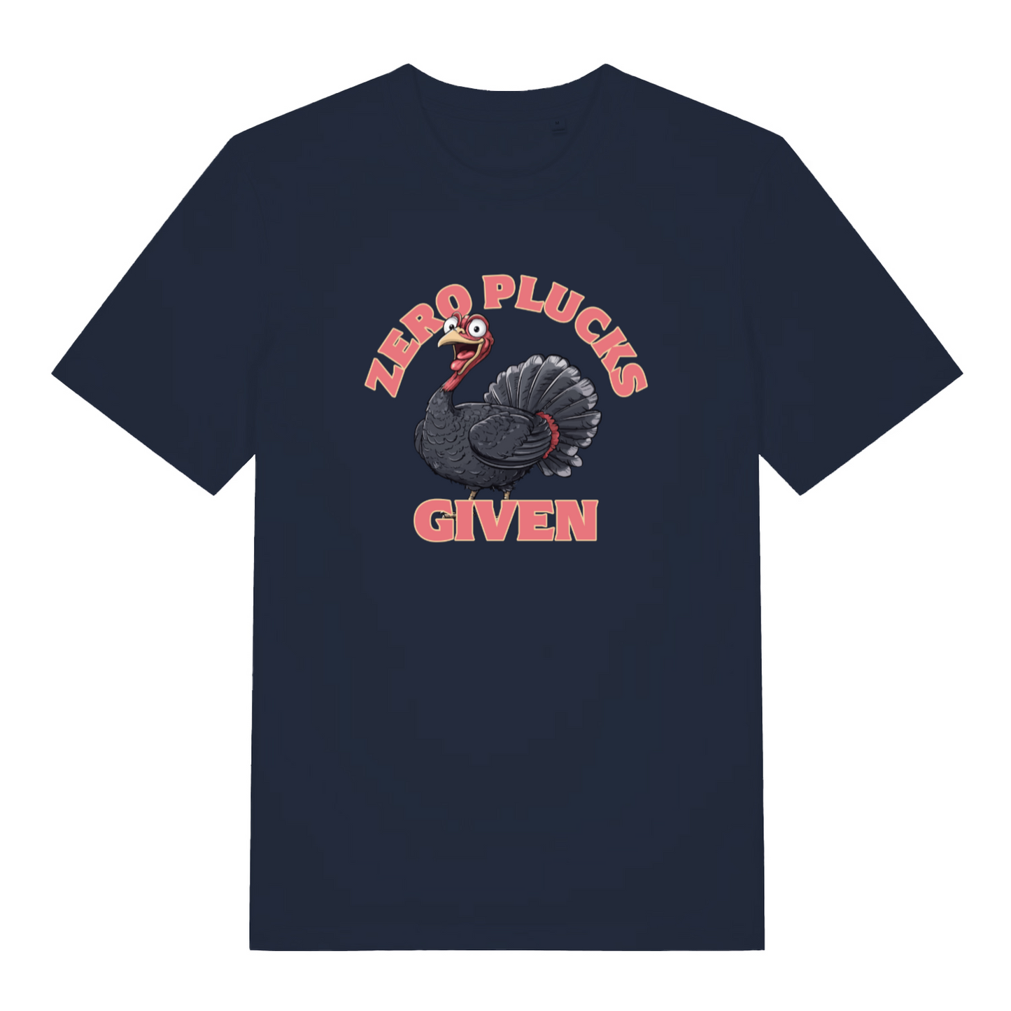 navy funny animal t-shirt with the graphic of a turkey and the slogan 'zero plucks given'