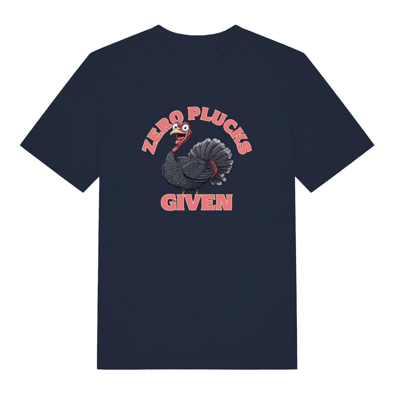 navy funny animal t-shirt with the graphic of a turkey and the slogan 'zero plucks given'