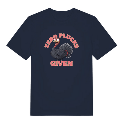 navy funny animal t-shirt with the graphic of a turkey and the slogan 'zero plucks given'