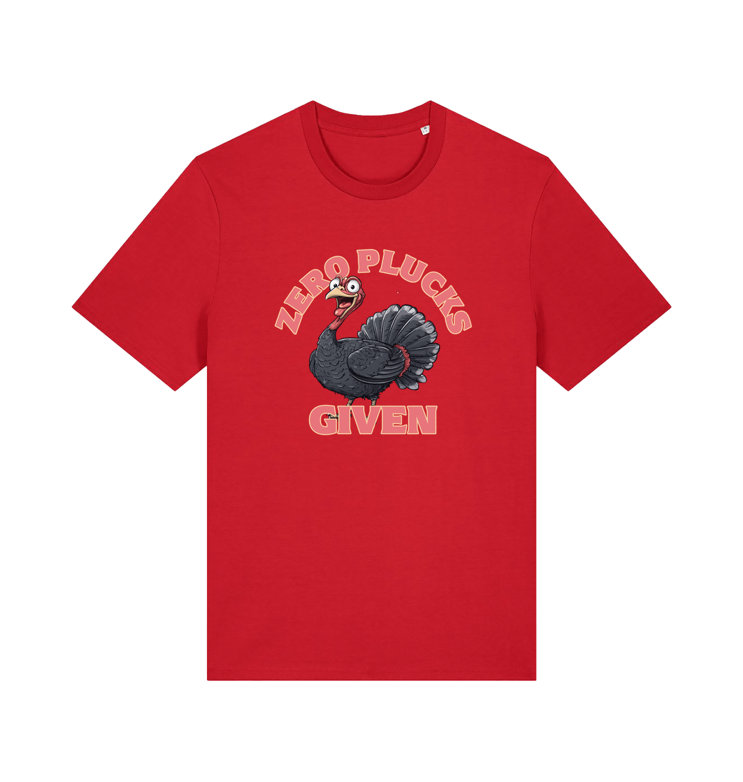 red funny animal t-shirt with the graphic of a turley and the slogan 'zero plucks given'