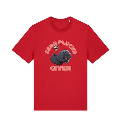 red funny animal t-shirt with the graphic of a turley and the slogan 'zero plucks given'