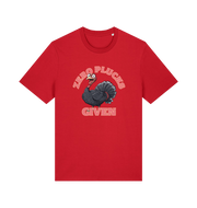 red funny animal t-shirt with the graphic of a turley and the slogan 'zero plucks given'