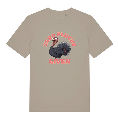 stone funny animal t-shirt with the graphic of a turkey and the slogan 'zero plucks given'