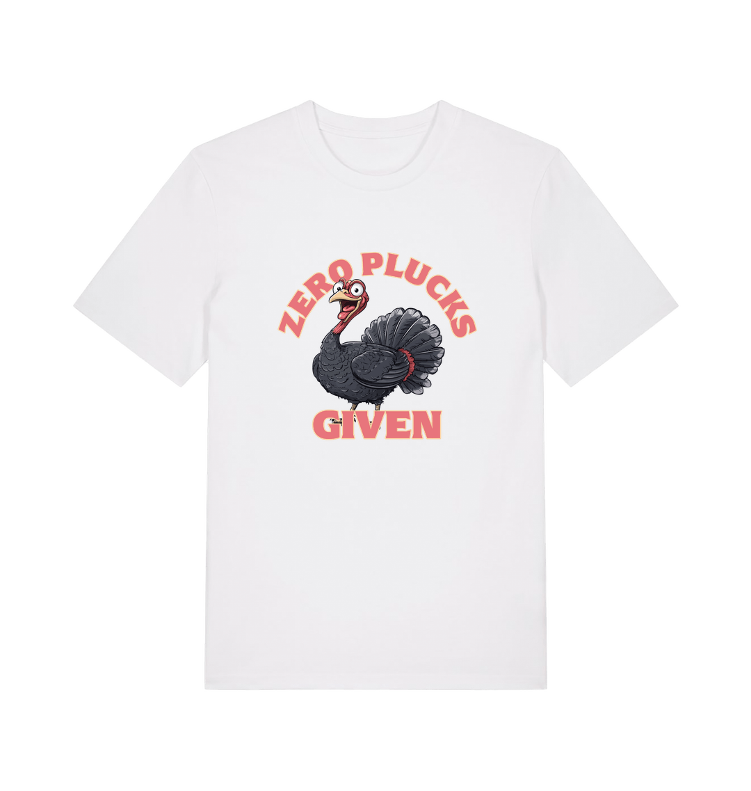 white funny animal t-shirt with the graphic of a turley and the slogan 'zero plucks given'