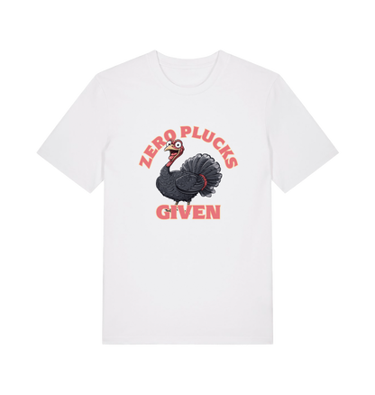 white funny animal t-shirt with the graphic of a turley and the slogan 'zero plucks given'