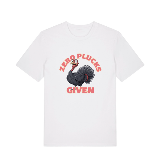 white funny animal t-shirt with the graphic of a turley and the slogan 'zero plucks given'