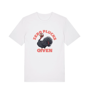 white funny animal t-shirt with the graphic of a turley and the slogan 'zero plucks given'
