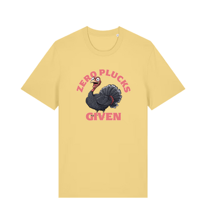 yellow funny animal t-shirt with the graphic of a turley and the slogan 'zero plucks given'