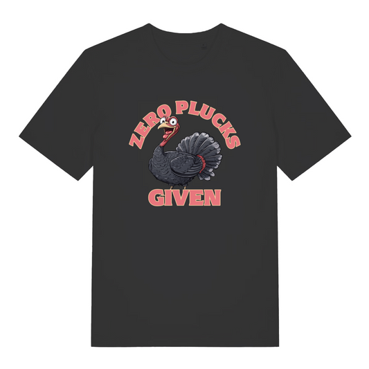 black women's funny animal t-shirt with the graphic of a turkey and the slogan 'zero plucks given'